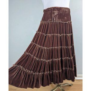 Vintage Velvet Midi Skirt Rayon Velvet Shine New York Tiered Boho Brown USA M